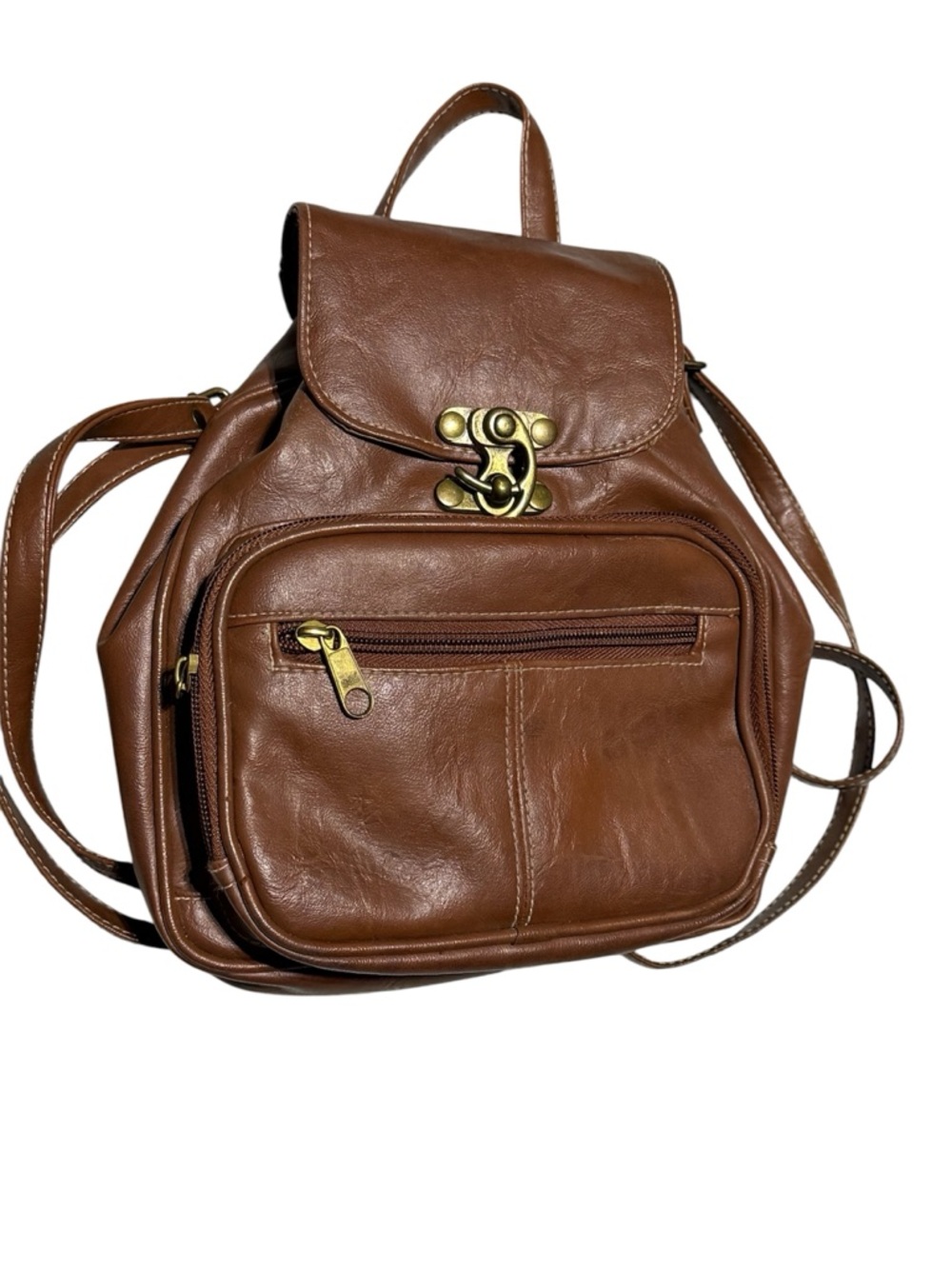 Brown Faux Leather Mini Backpack with Brass colored Hardware